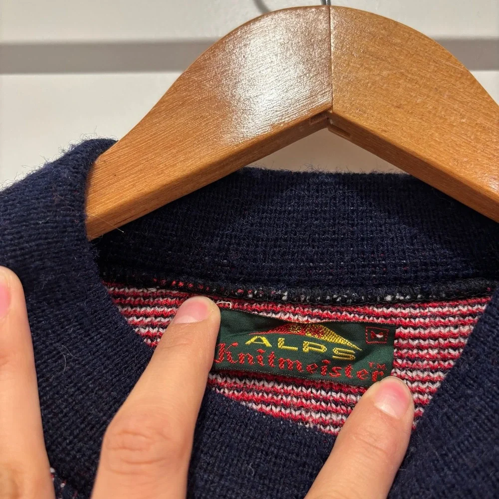 Alps Knitmeisters Vintage Ugly Christmas‎ Sweater Navy Red Deer Trees Women M